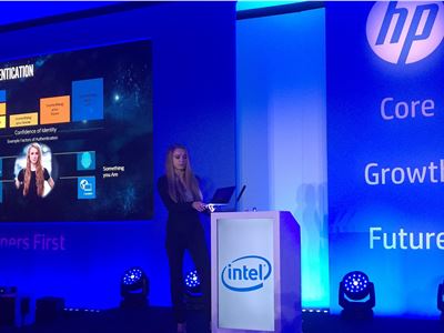 Marika Dziuba takes to the stage in London at the HP Partner First event evangelising Intel Authenticate and Intel Security. 